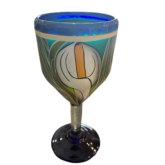 Talavera Hand Painted Cobalt Goblet Calla Lily One - Picture 7 of 7